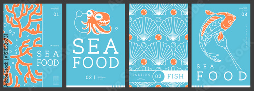 Set of modern magazine covers or posters with line art seafood. Restaurant seafood menu design. Vector illustration