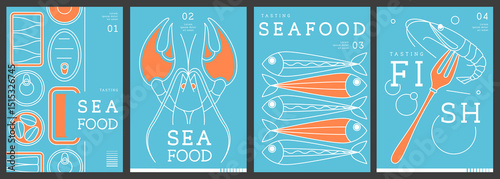 Set of modern magazine covers or posters with line art seafood. Restaurant seafood menu design. Vector illustration