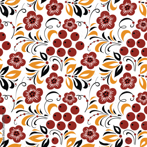 Russian old style ornament Hohloma in gold and red colors seamless pattern. Vector Floral slavic traditional decoration motive. For cards, fabric, textiles, clothing, packaging.