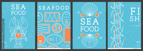 Set of modern magazine covers or posters with line art seafood. Restaurant seafood menu design. Vector illustration