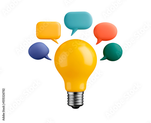 Bright yellow light bulb with colorful speech bubbles represents ideas and creativity in a modern context on transparent background, PNG