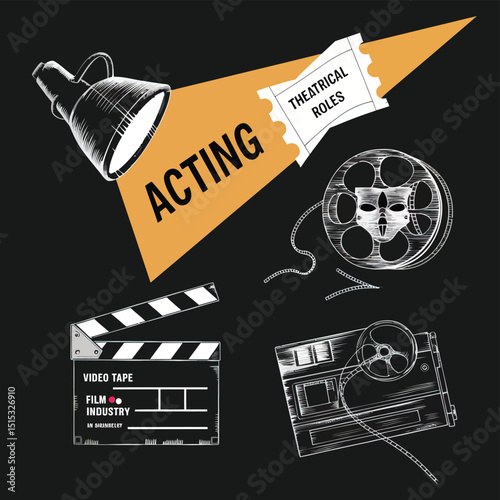 vector icons for cinema, Director's Chair , theatrical roles, video tape, cinema shattered spotlight, Theater Ticket
