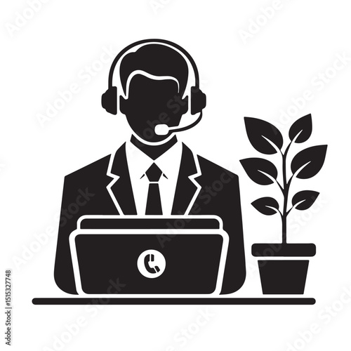 Black Color Customer Service Silhouette Vector Illustration, Solid White Background