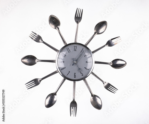 metal kitchen clock with forks and spoons isolated on white background