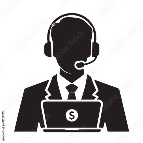 Black Color Customer Service Silhouette Vector Illustration, Solid White Background