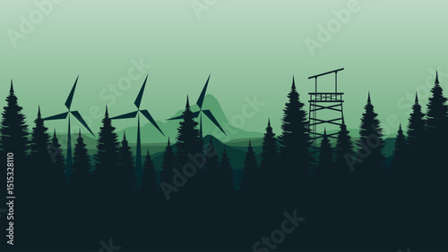 vector illustration of an abstract background with trees and windmill good for for wallpaper design, design template, background template, and tourism design template