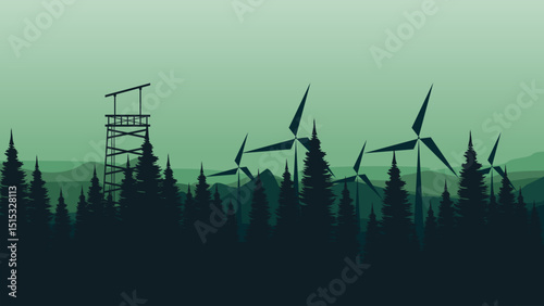 vector illustration of an abstract background with trees and windmill good for for wallpaper design, design template, background template, and tourism design template