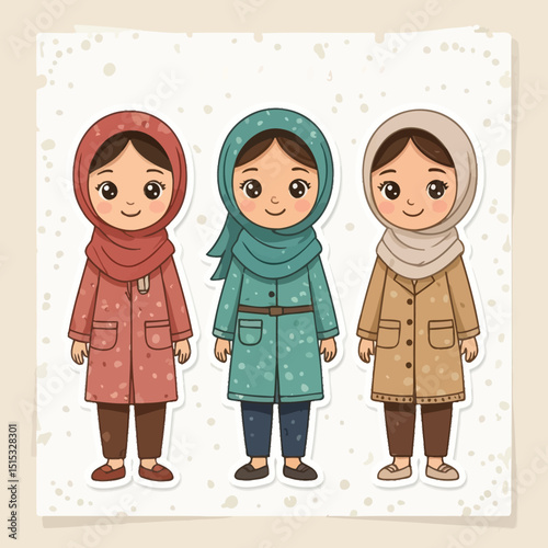 Three adorable cartoon girls with big eyes and warm smiles showcase different colored hijabs and coats. A heartwarming image promoting cultural diversity.