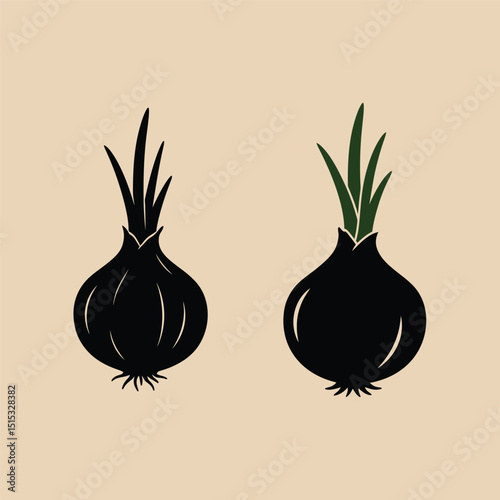 Two black onion silhouettes with green sprouts on a beige background, simple vector illustration