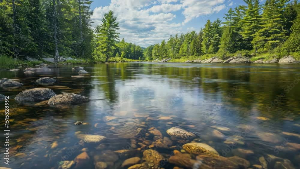 A clear, tranquil river with visible stones flows through a forest of tall, green pine trees under a partly cloudy sky.