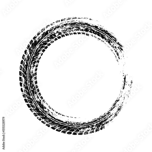 Grunge circle tire track, wheel braking mark. Truck, car or motorcycle tread pattern silhouettes. Auto race, motorsport, speed racing design element. Vector illustration