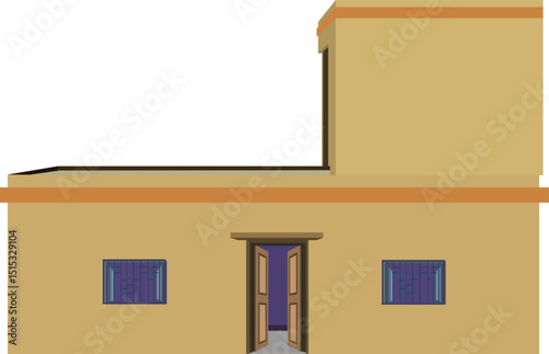 Vector illustration of a yellow rural house with two grilled windows, open wooden door, and rooftop structure – front view for architecture, housing, or real estate design projects

