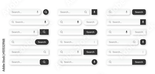 Various search bar templates. Internet browser engine with search box, address bar and text field. UI design, website interface element with web icons and push button. Vector illustration