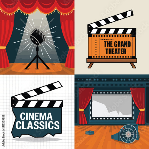 vector icons for cinema, Director's Chair , theatrical roles, video tape, cinema shattered spotlight, Theater Ticket
