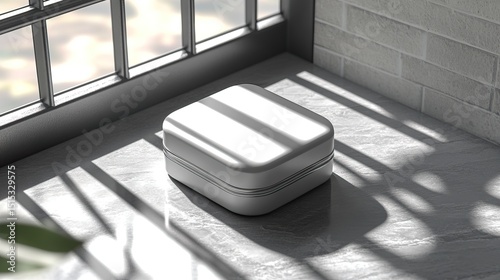 Wallpaper Mural Modern white container on light stone surface beside a sunlit window with interesting shadows Torontodigital.ca