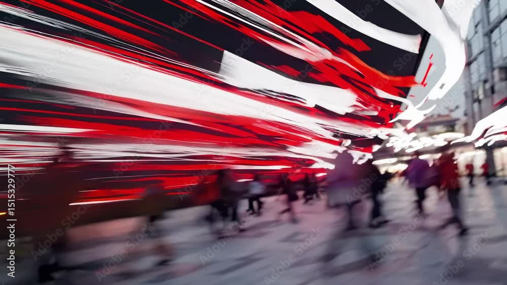 Urban street is filled with blurred silhouettes and vivid red light trails showing city speed motion movement rush energetic fast tempo dramatic contemporary emotion