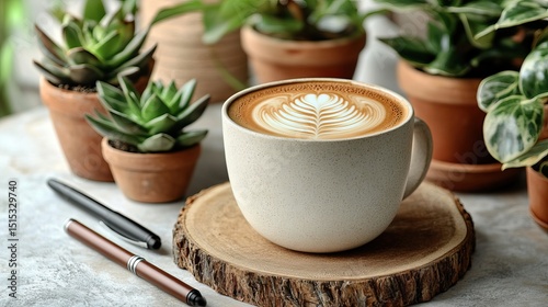 Wallpaper Mural Elegant latte art presented in a ceramic cup surrounded by potted plants Torontodigital.ca