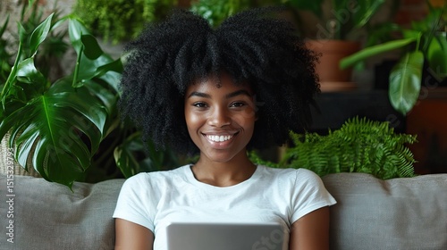 Wallpaper Mural Young woman smiles while using tablet in cozy green filled living room during sunny afternoon Torontodigital.ca