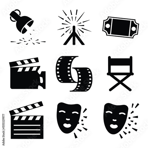 vector icons for cinema, Director's Chair , theatrical roles, video tape, cinema shattered spotlight, Theater Ticket
