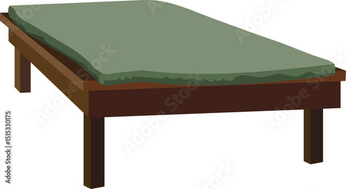 Vector Illustration of Traditional Wooden Bed with Green Mattress – Rustic Single Sleeping Furniture Isolated on White Background

