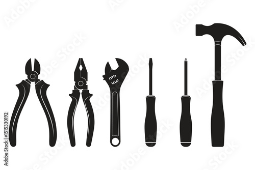 Silhouette Icons Set of Tools Including Wrench Screwdriver and Pliers