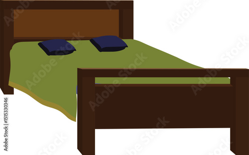 Vector Illustration of Wooden Double Bed with Green Blanket and Navy Pillows – Modern Bedroom Furniture Design Isolated on White Background for Home Decor and Interior Visualization Projects

