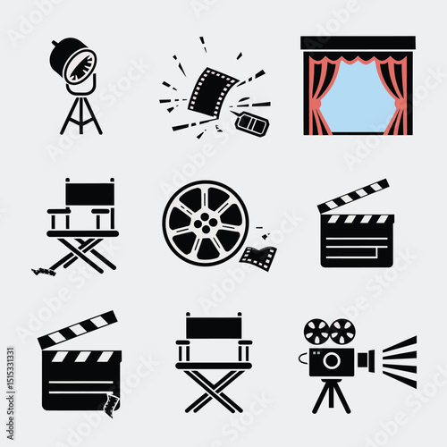 vector icons for cinema, Director's Chair , theatrical roles, video tape, cinema shattered spotlight, Theater Ticket
