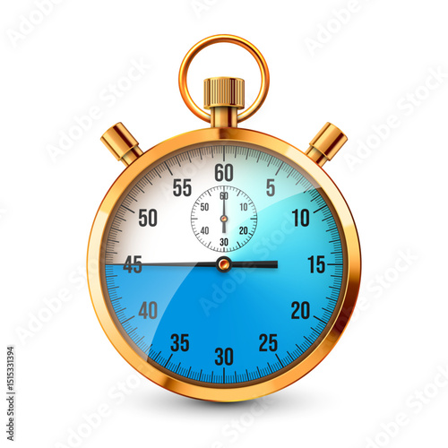 Realistic classic stopwatch. Shiny golden metal chronometer, time counter with dial. Blue countdown timer showing minutes and seconds. Time measurement for sport, start, finish. Vector illustration