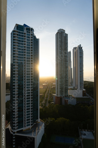 Photography Panama tall skyscraper with a beautiful sunset in the background