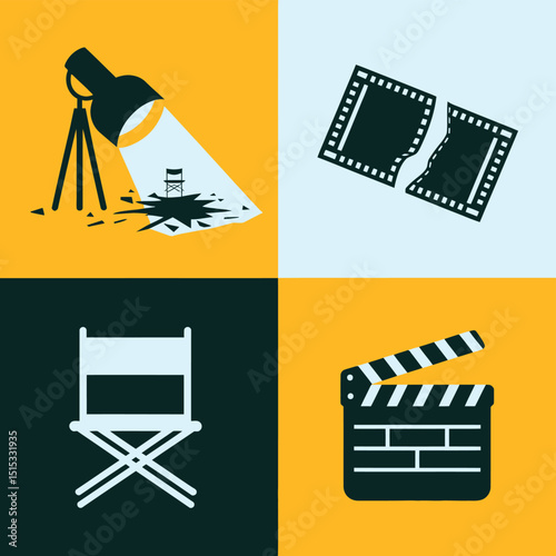 vector icons for cinema, Director's Chair , theatrical roles, video tape, cinema shattered spotlight, Theater Ticket
