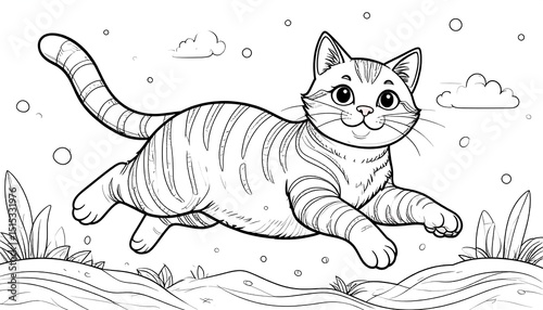 Playful Cat Leaping with Line Art.