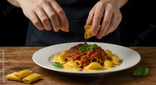 Preparing Delicious Pasta Dish with Tomato Sauce and Basil