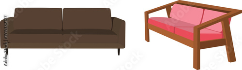 Vector illustration of two modern two-seater sofas including a brown fabric couch and pink wooden frame seat – isolated furniture icons in minimal flat style for interior and home design


