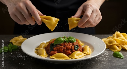 Preparing Delicious Ravioli with Tomato Sauce and Fresh Basil