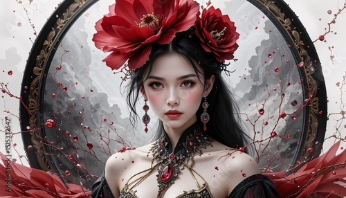 Artistic Portrait of Woman in Black with Red Flowers and Artistic Background