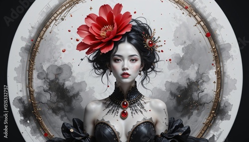 Artistic Portrait of Woman in Black with Red Flowers and Artistic Background