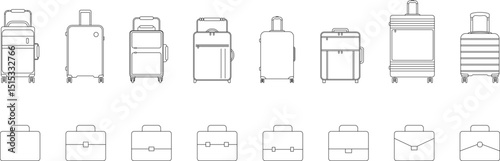 Luggage flat line icons collection. Luggage - varieties of suitcases, travel bags, backpacks and purses icon set. Vacation, tourism and luggage symbol. Baggage thin linear signs.