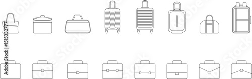 Luggage flat line icons collection. Luggage - varieties of suitcases, travel bags, backpacks and purses icon set. Vacation, tourism and luggage symbol. Baggage thin linear signs.