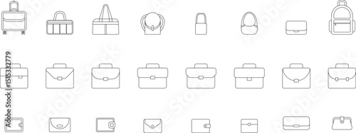 Luggage flat line icons collection. Luggage - varieties of suitcases, travel bags, backpacks and purses icon set. Vacation, tourism and luggage symbol. Baggage thin linear signs.