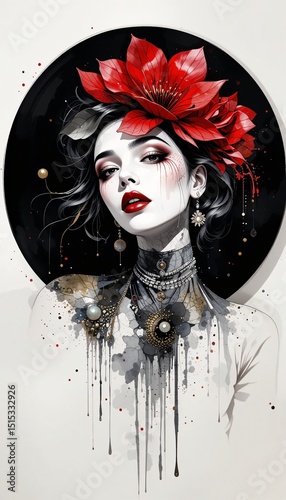 Artistic Portrait of Woman in Black with Red Flowers and Artistic Background