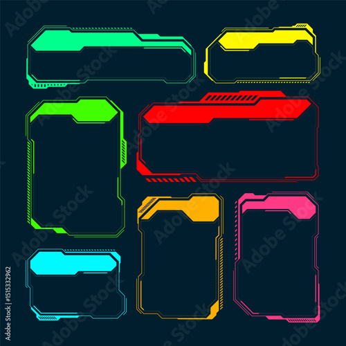 Futuristic HUD or UI elements. Sci-fi user interface text boxes, callouts. Colorful warning message frame, information boxes template. Modern game interface layout, digital style. Vector illustration