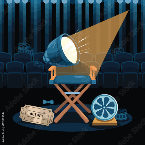 vector icons for cinema, Director's Chair , theatrical roles, video tape, cinema shattered spotlight, Theater Ticket
