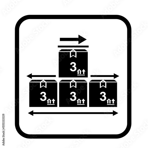 A packaging symbol shows boxes with a stacking limit of three, essential for safe transport and storage instructions clean black on white design.