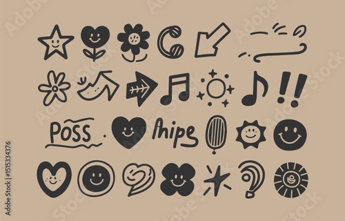 Hand Drawn Doodle Icon Set with Smiling Faces Flowers Arrows Music Notes and Other Fun Elements on a Brown Background for Creative Projects and Designs