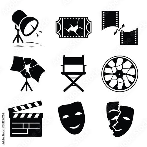 vector icons for cinema, Director's Chair , theatrical roles, video tape, cinema shattered spotlight, Theater Ticket

