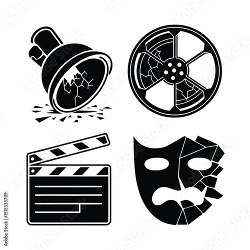 vector icons for cinema, Director's Chair , theatrical roles, video tape, cinema shattered spotlight, Theater Ticket
