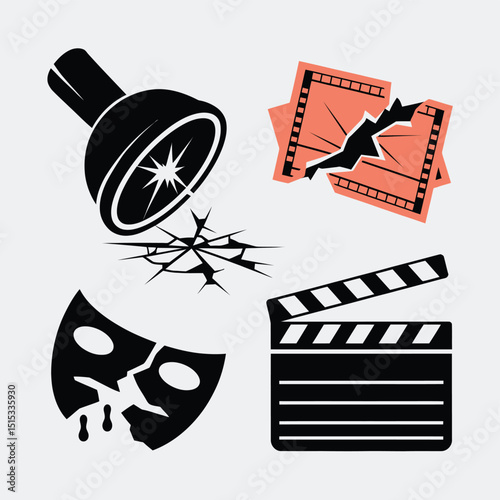 vector icons for cinema, Director's Chair , theatrical roles, video tape, cinema shattered spotlight, Theater Ticket
