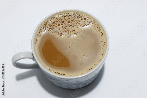 Close up of a cup of coffee free copy space isolated white background