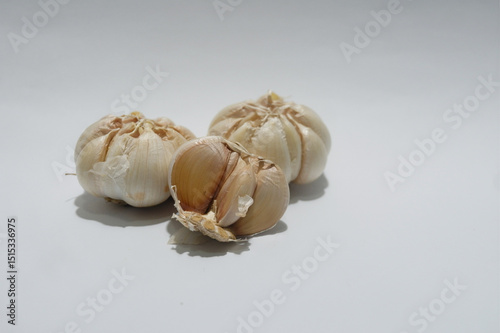 Close up of garlic free copy space isolated white background