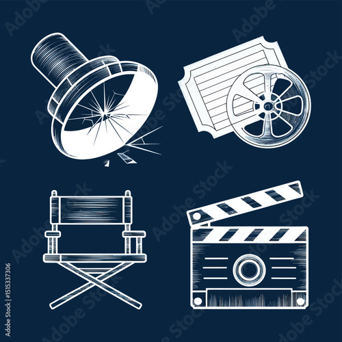 vector icons for cinema, Director's Chair , theatrical roles, video tape, cinema shattered spotlight, Theater Ticket
